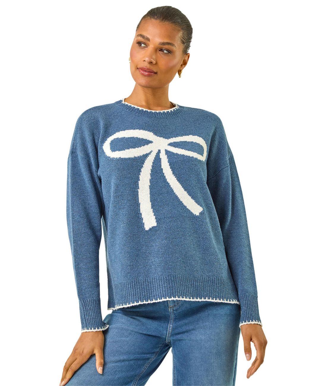 Roman Blue Contrast Stitch Bow Knit Jumper
