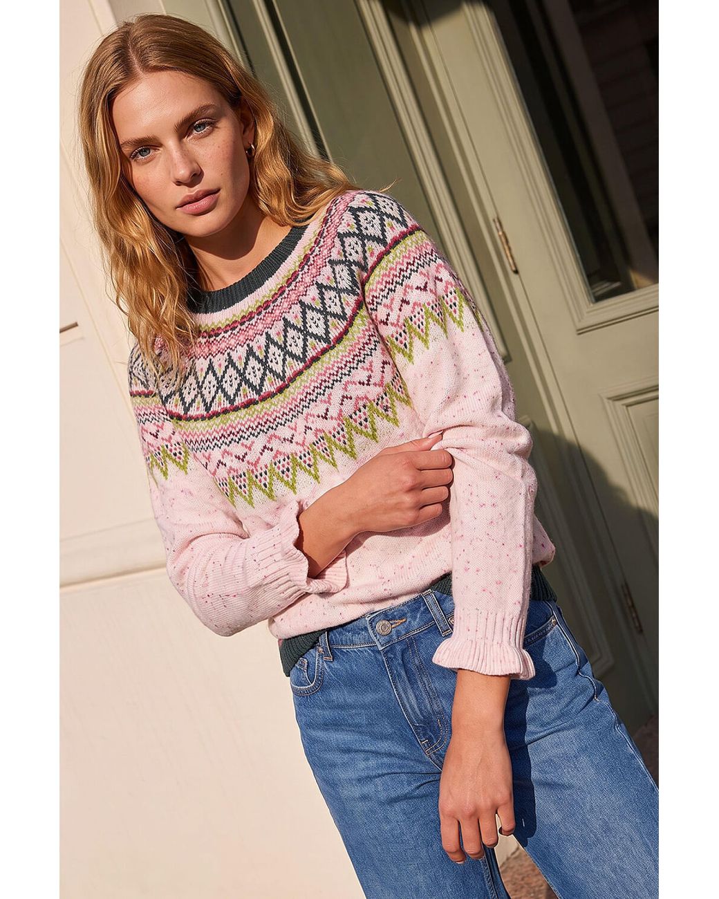 Roman Pink Fairisle Frill Detail Stretch Jumper