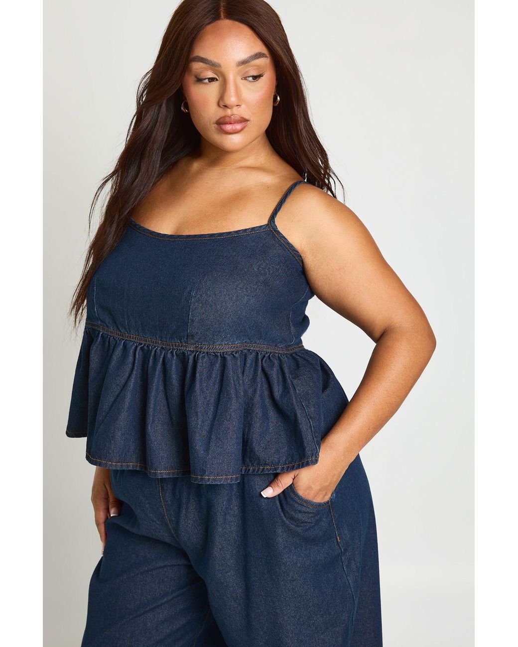 Boohoo Blue Plus Strappy Frill Hem Denim Top