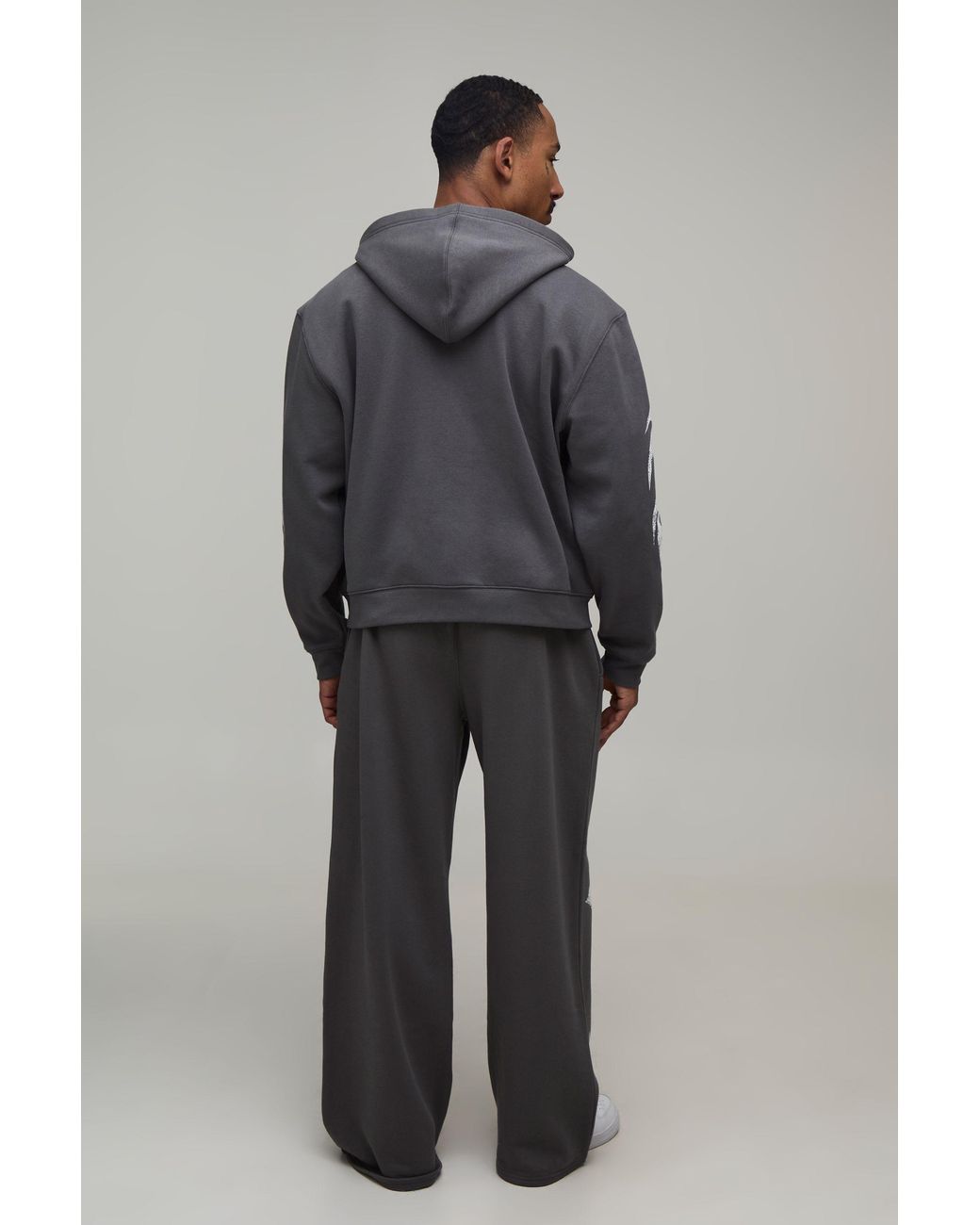 BoohooMAN Gray Oversized Boxy Tokyo Moto Print Zip Through Hoodie Cotton for men