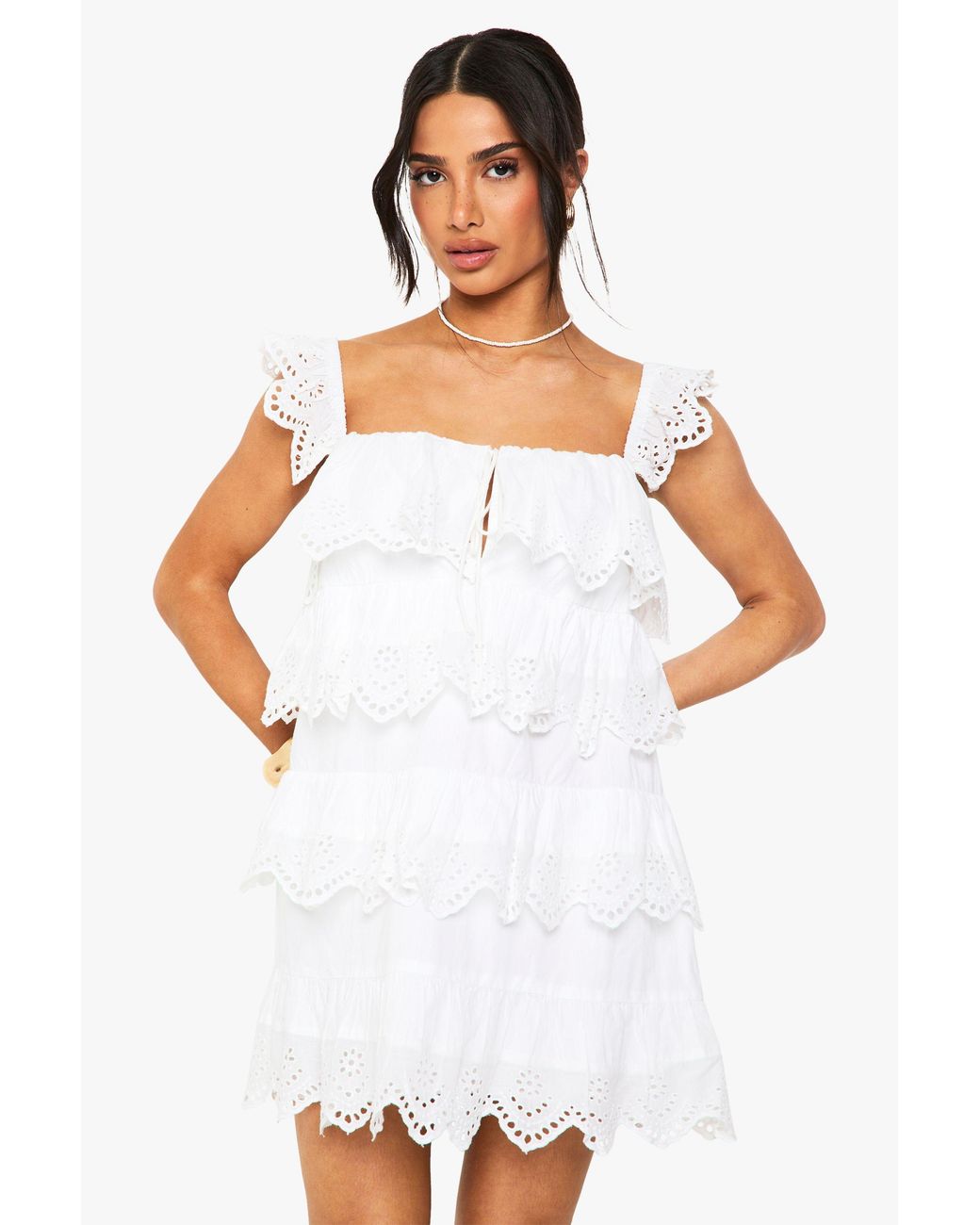 Boohoo White Petite Crochet Frill Mini Dress