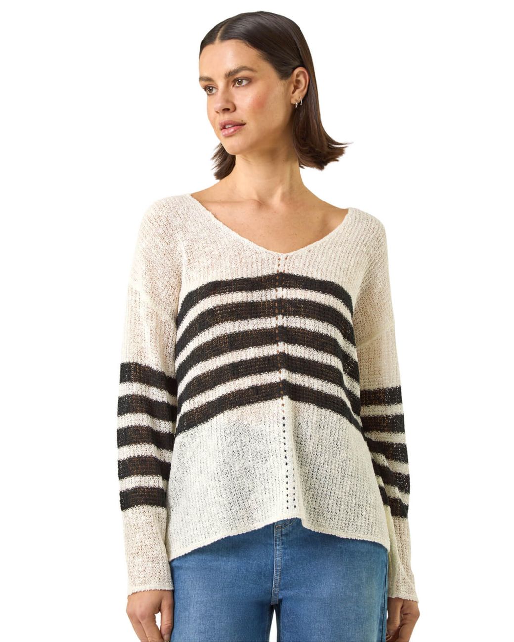 Roman Natural Stripe V-Neck Knit Jumper