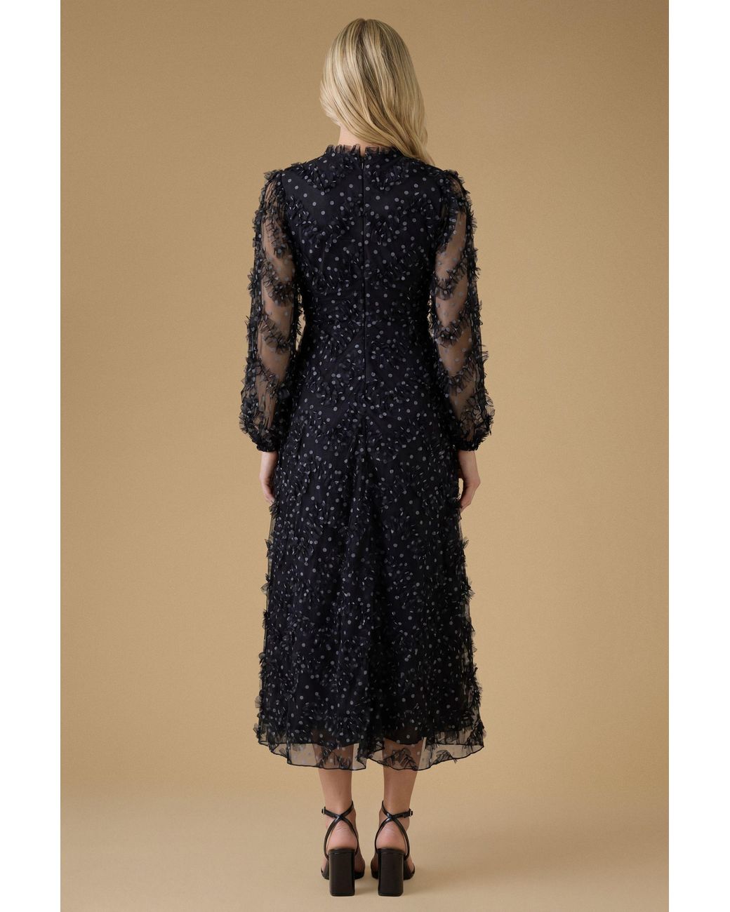 Oasis Blue Long Sleeve Printed Mesh Midi Dress