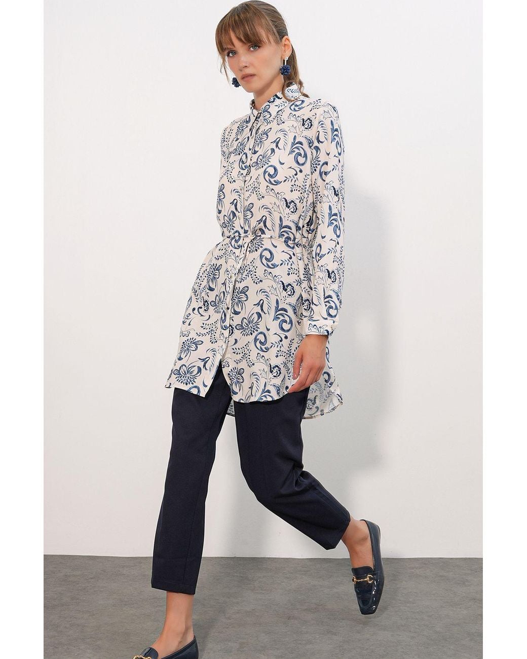 Bigdart Gray Floral Viscose Crepe Belted Long Shirt