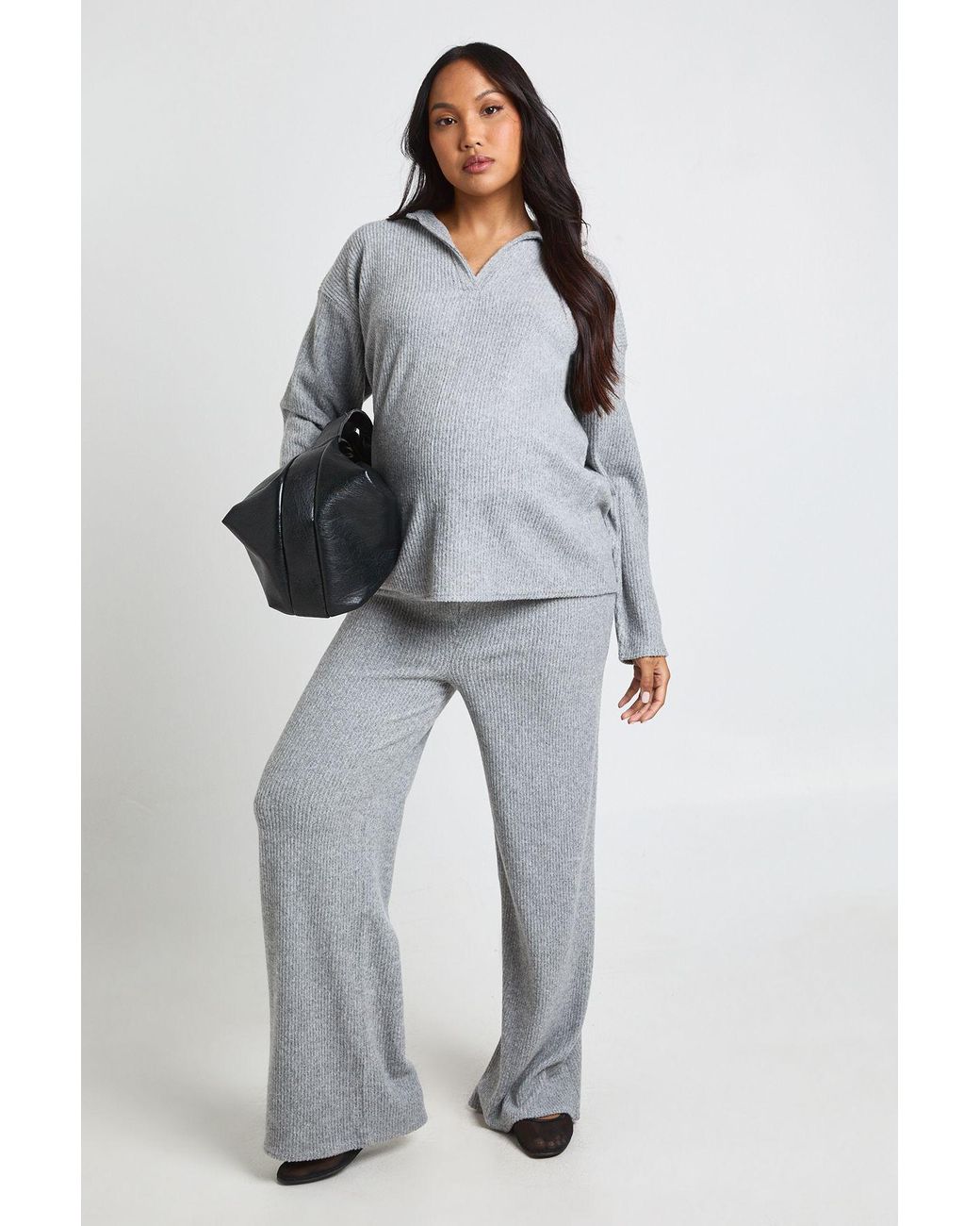 Boohoo Gray Maternity Soft Rib Collared Top & Trouser Lounge Set