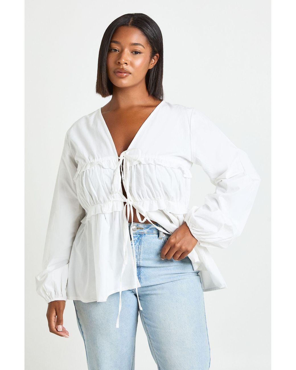 Boohoo White Plus Ruched Tie Front Detail Smock Top