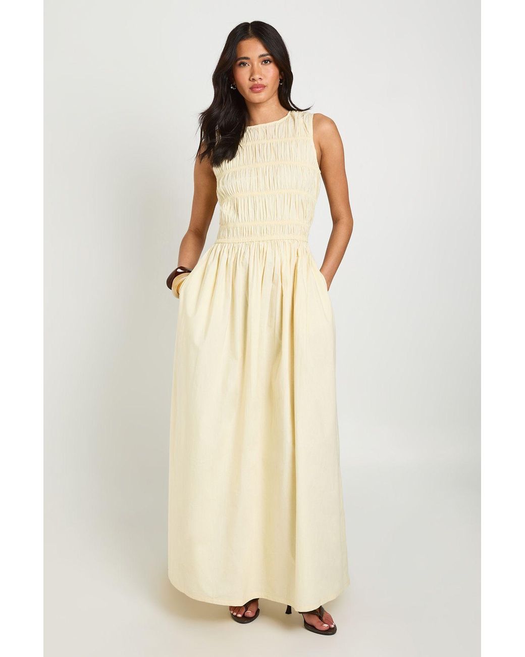Boohoo Natural Cotton Poplin Shirred Maxi Dress