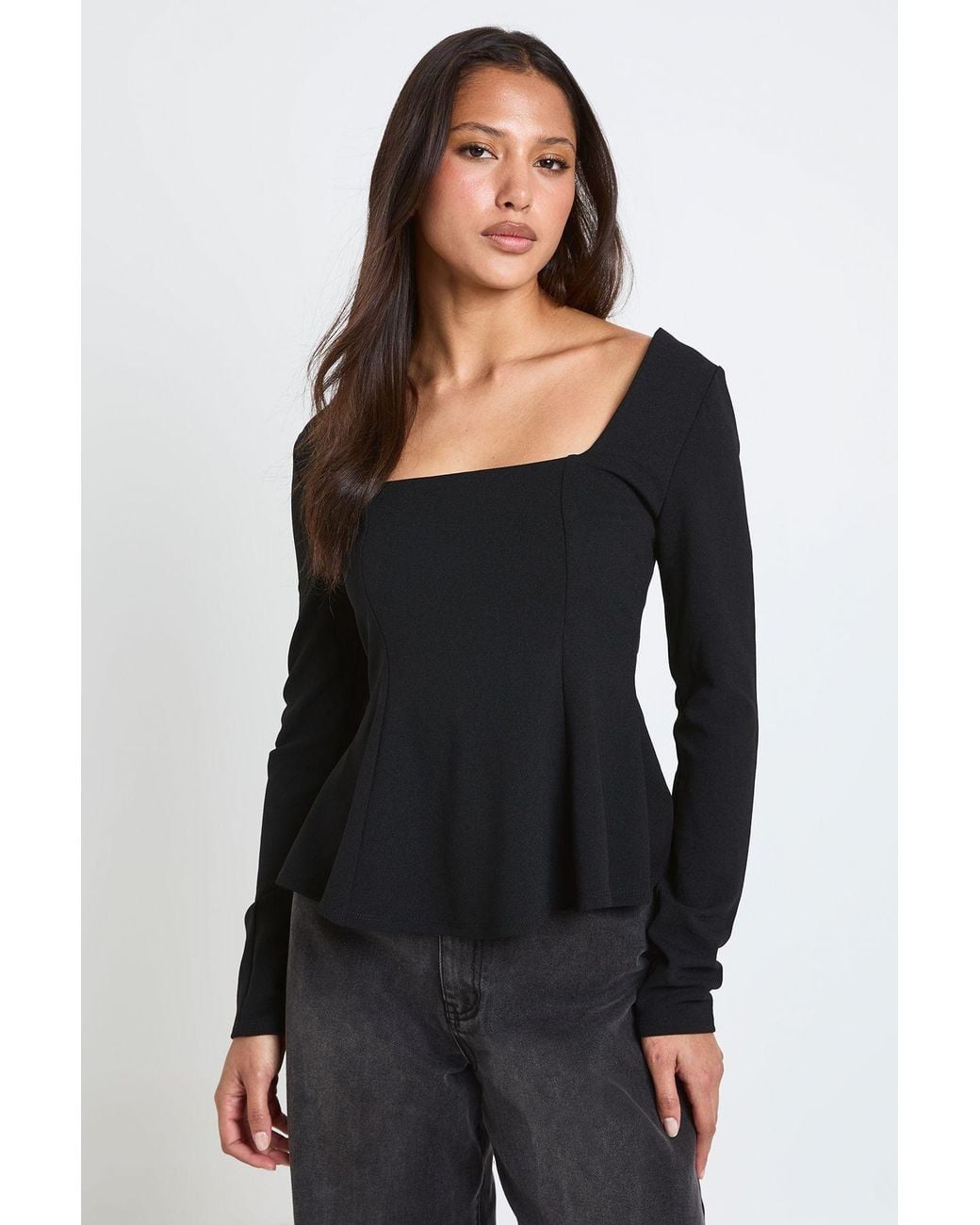 Boohoo Black Scoop Neck Long Sleeve Peplum Top