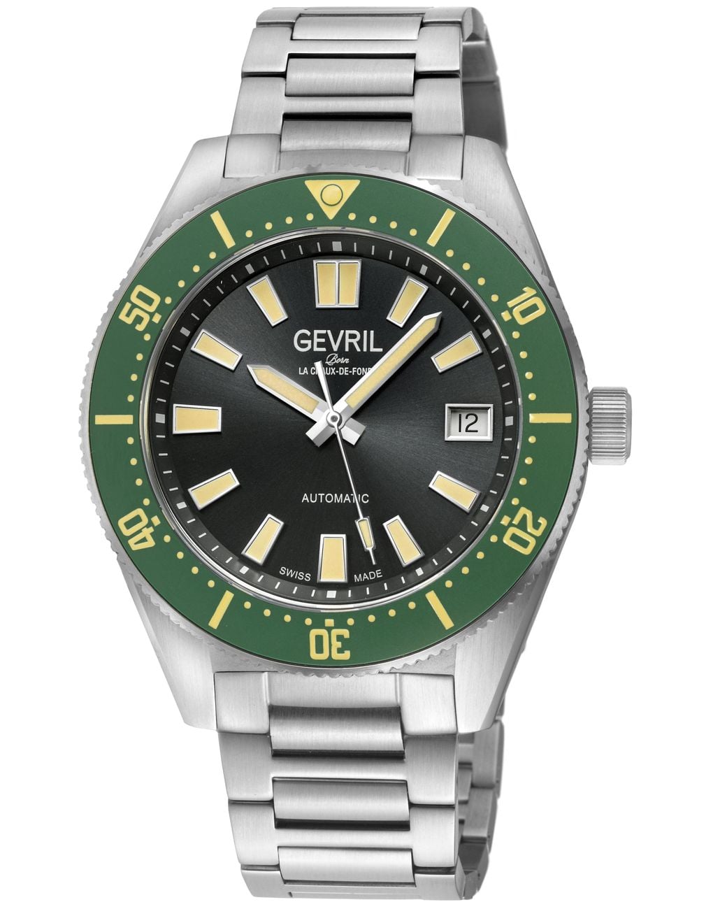 Gevril Gray Mariner Row Automatic, Ss Case, Ceramic Bezel, Dial, 316L Stainless Steel Satin Bracelet Watch for men