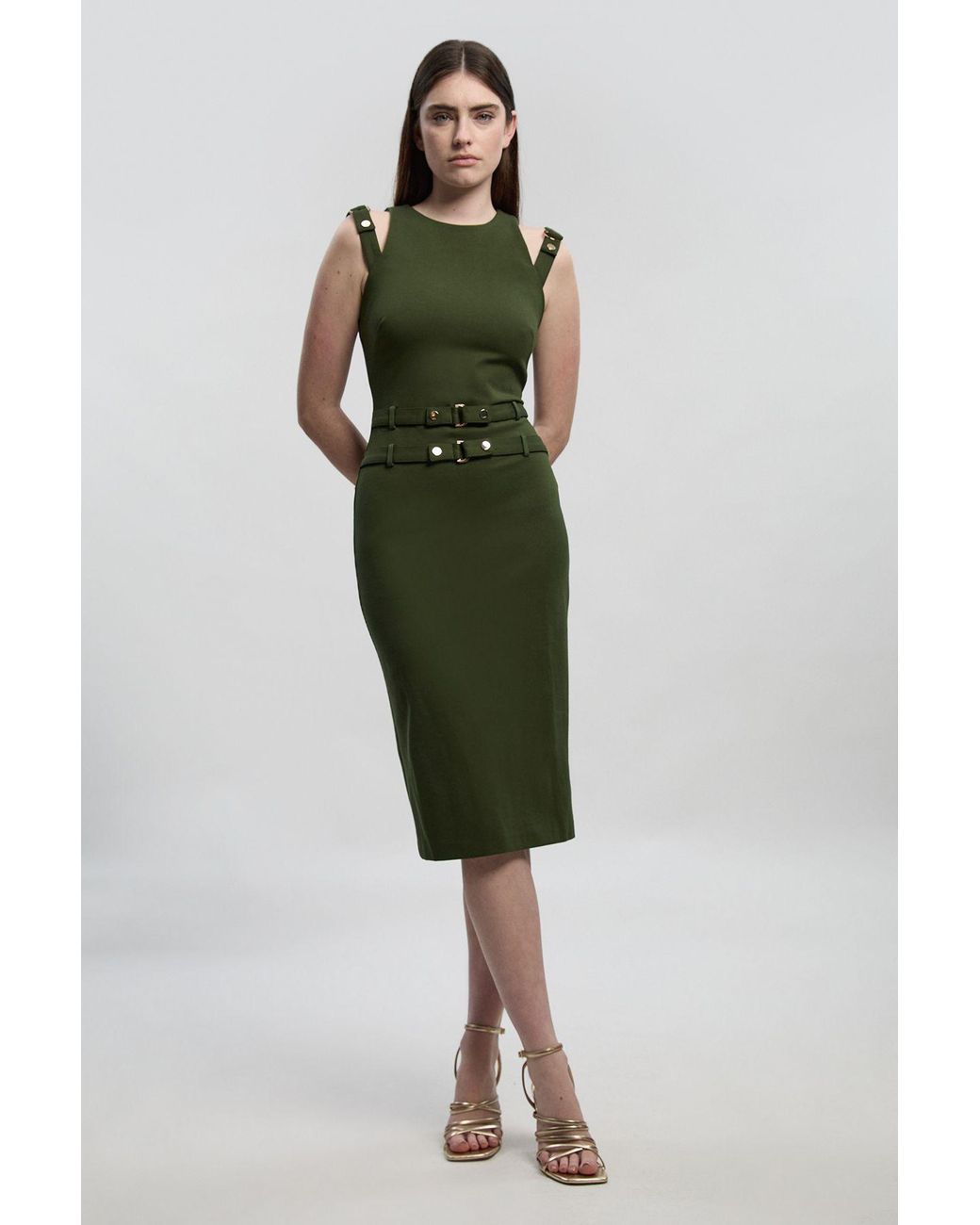 Karen Millen Green Ponte Trim Belt Detail Midi Pencil Dress