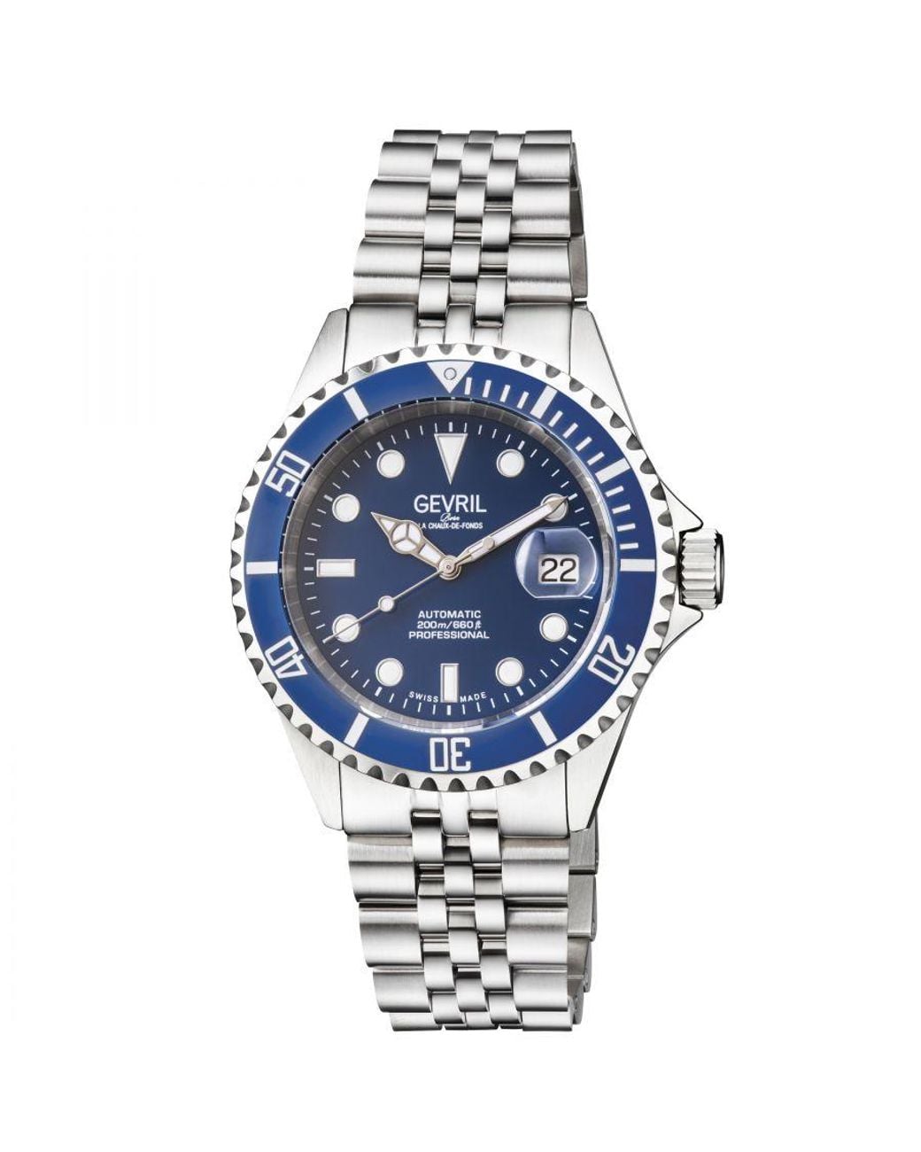 Gevril Blue Wall Street 4851B Swiss Automatic Gmt, Sw330 Movement Date Luminous Stainless Steel Watch for men