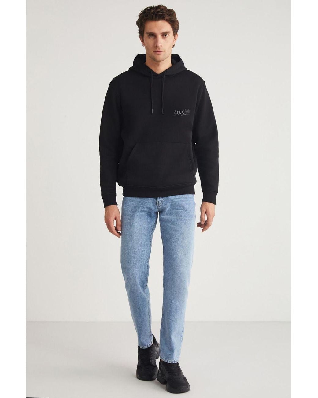 Grimelange Black Hooded Text Print Sweatshirt for men
