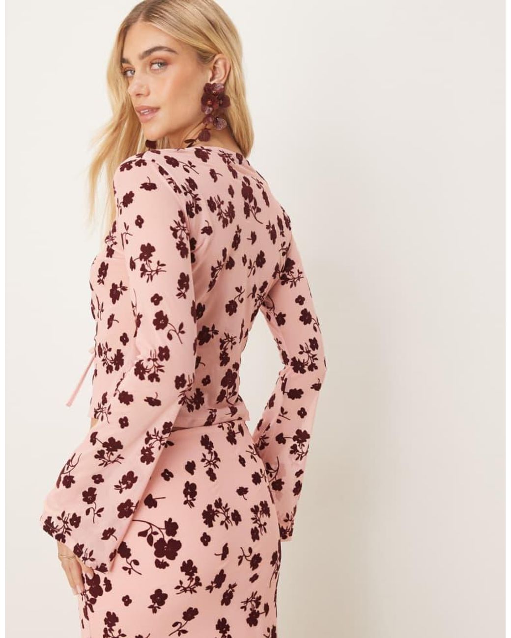ASOS Pink Tie Front Floral Flocked Sheer Top Co Ord