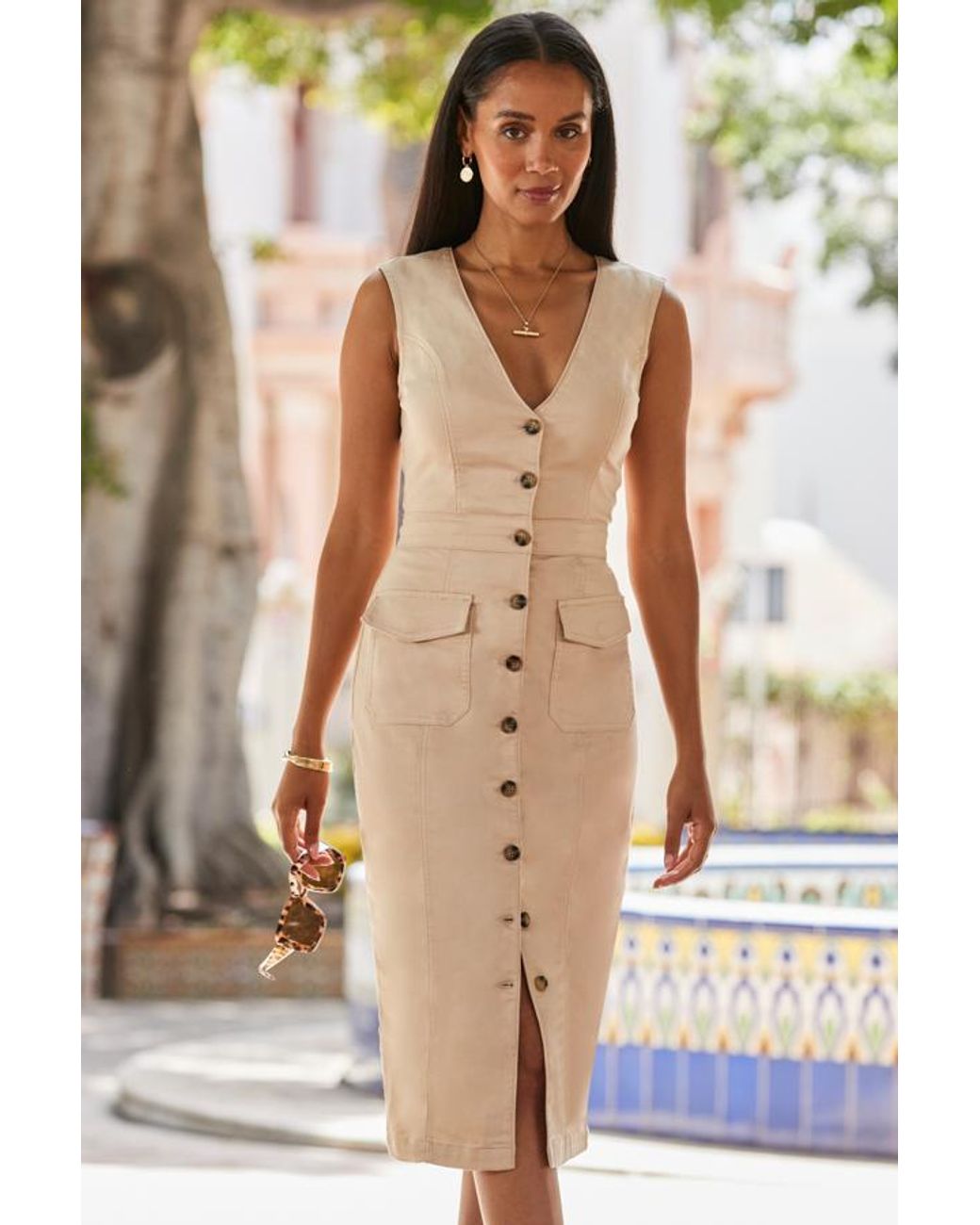 Sosandar Natural Ecru Button Front Denim Pencil Dress