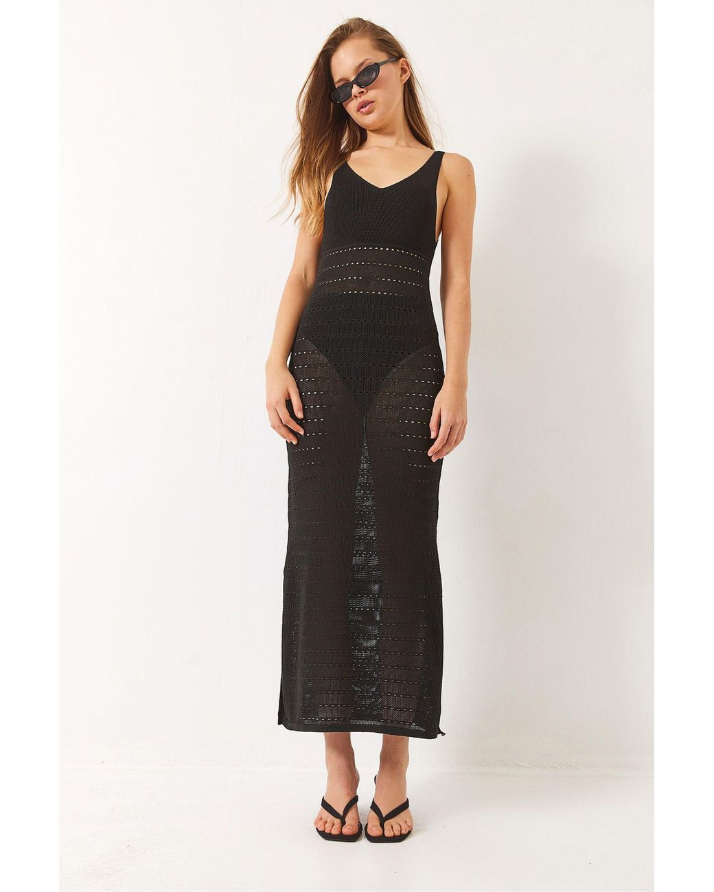 Bianco Lucci Black V-Neck Midi Slit Dress