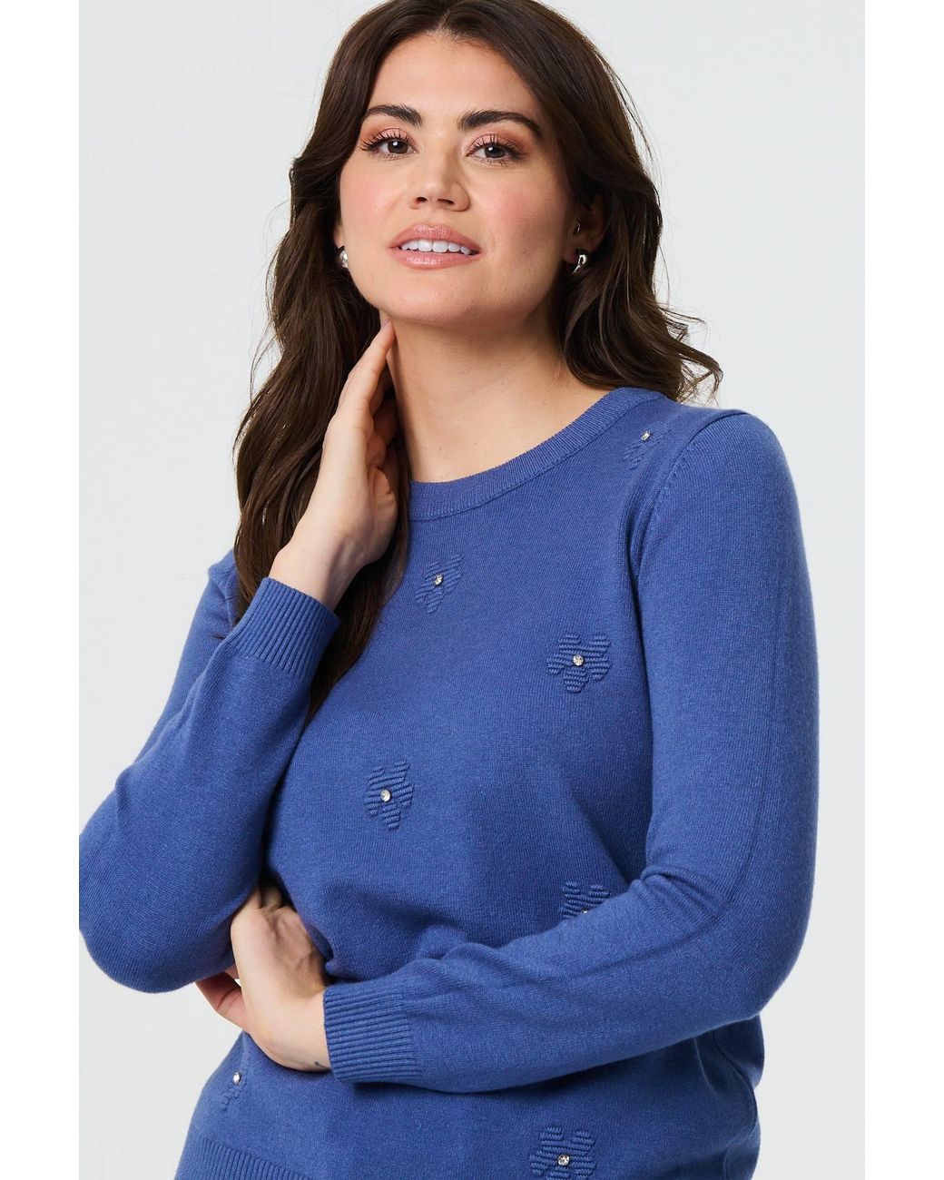 Izabel London Blue Floral Gemstone Embellished Jumper