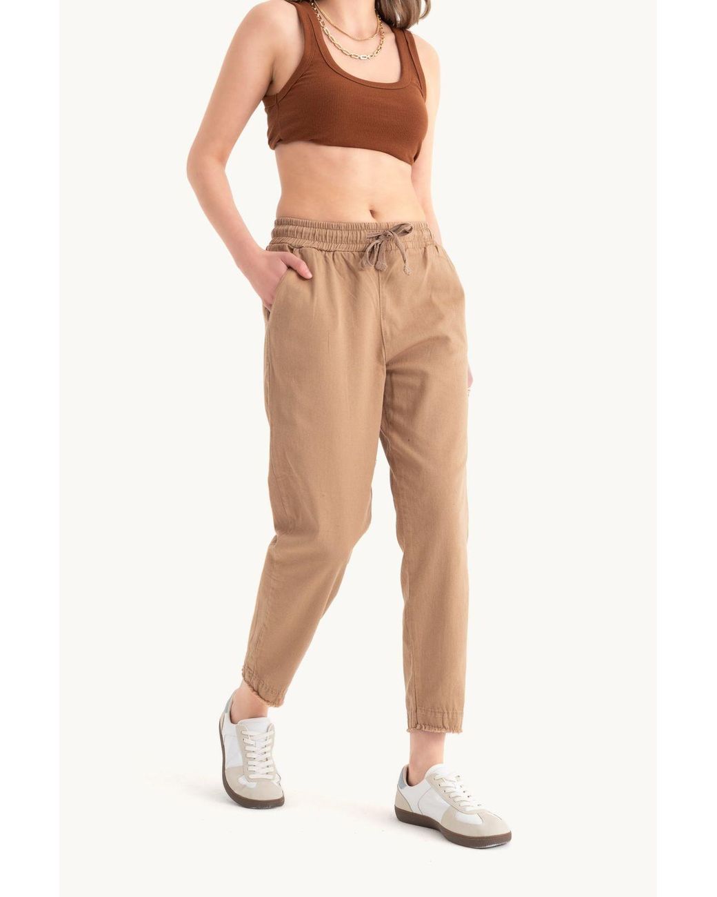 Hiccup Natural Mid Rise Elastic Waist Pocket Straight Leg Trousers