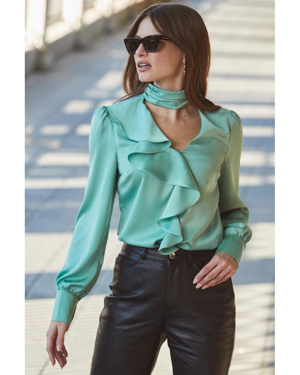 Sosandar Blue Pale Satin Ruffle Detail Blouse