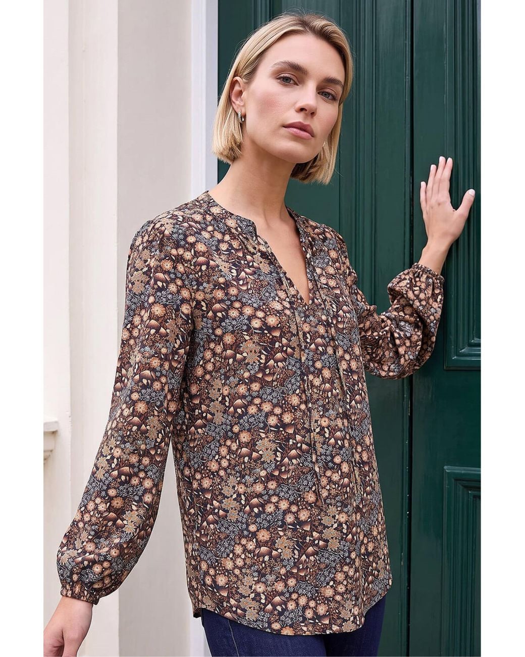 Roman Green Floral Puff Print Tie Neck Shirt