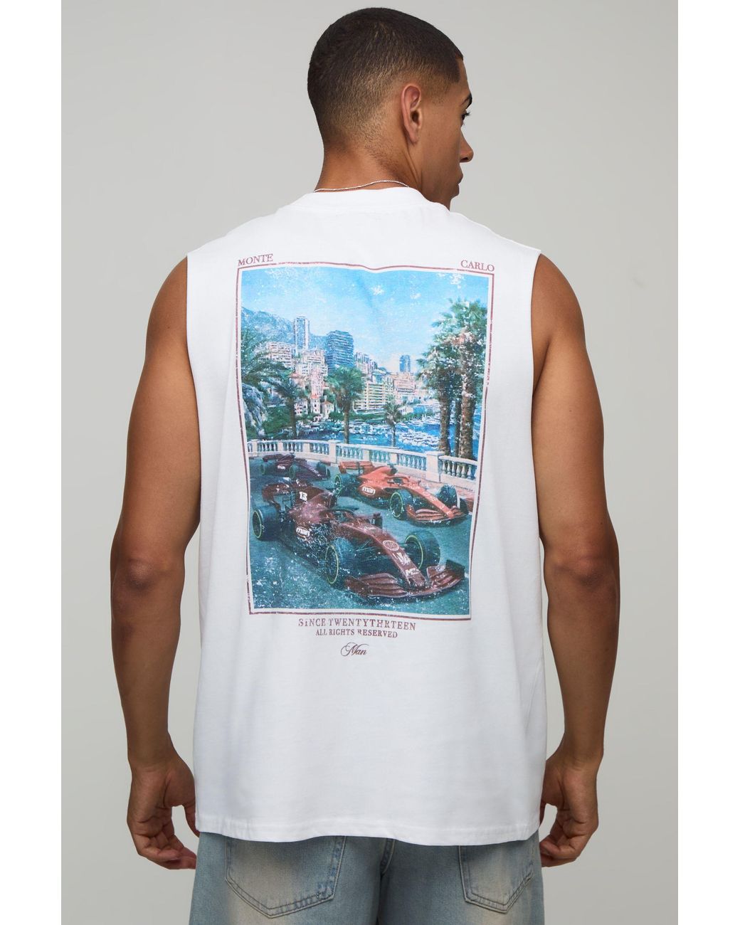 BoohooMAN Blue Oversized Monte Carlo Photographic Print Tank Cotton for men