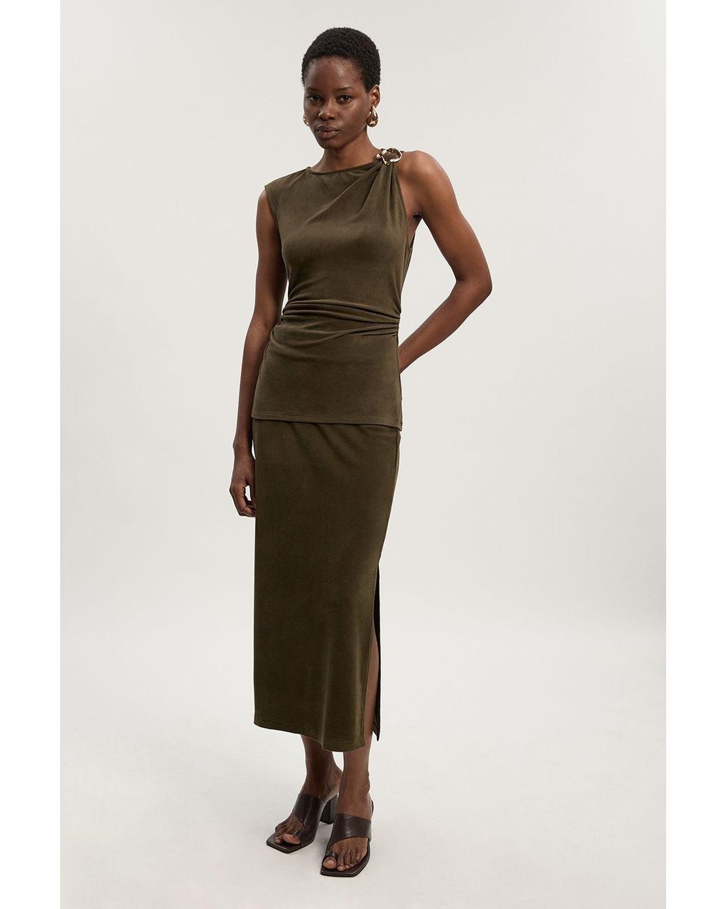 Karen Millen Green Brushed Textured Jersey Midi Pencil Skirt