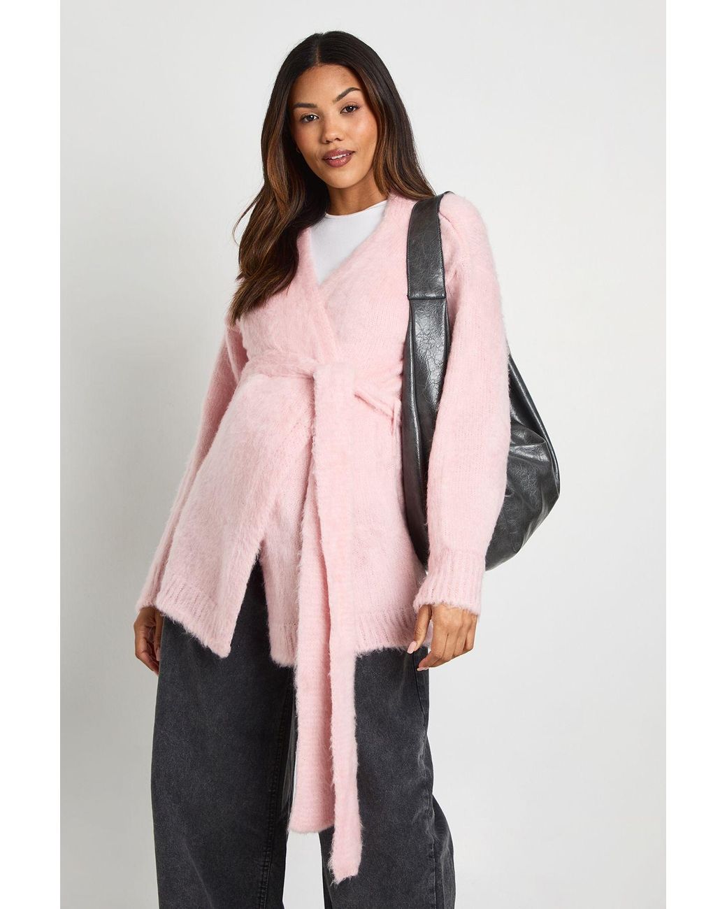 Boohoo Pink Maternity Fluffy Belted Cardigan
