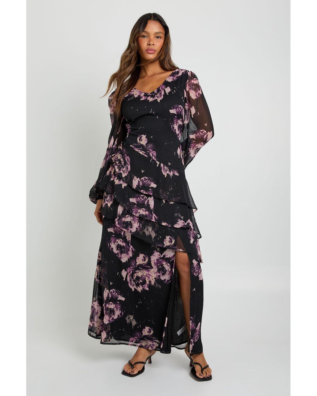 Boohoo Brown Floral Chiffon Frill Maxi Dress