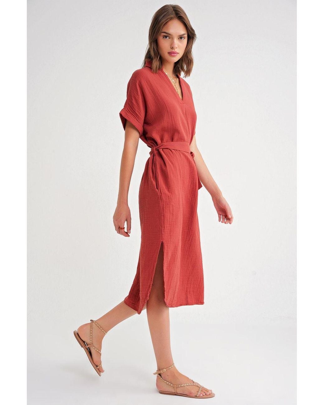 MixRay Red Belted Short-Sleeve Midi Dress
