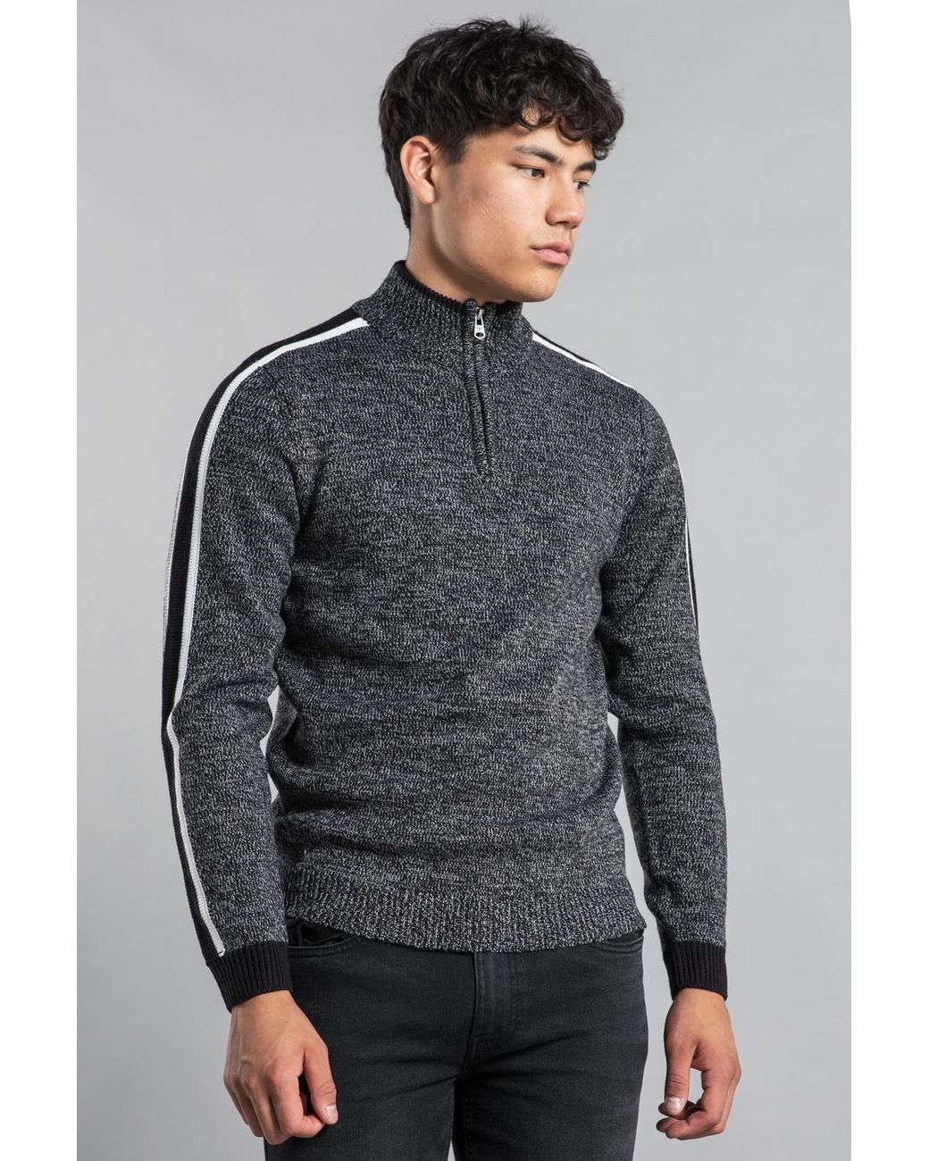 Tokyo Laundry Gray Funnel Neck 1/4 Zip Jumper With Contrast Sleeve for men
