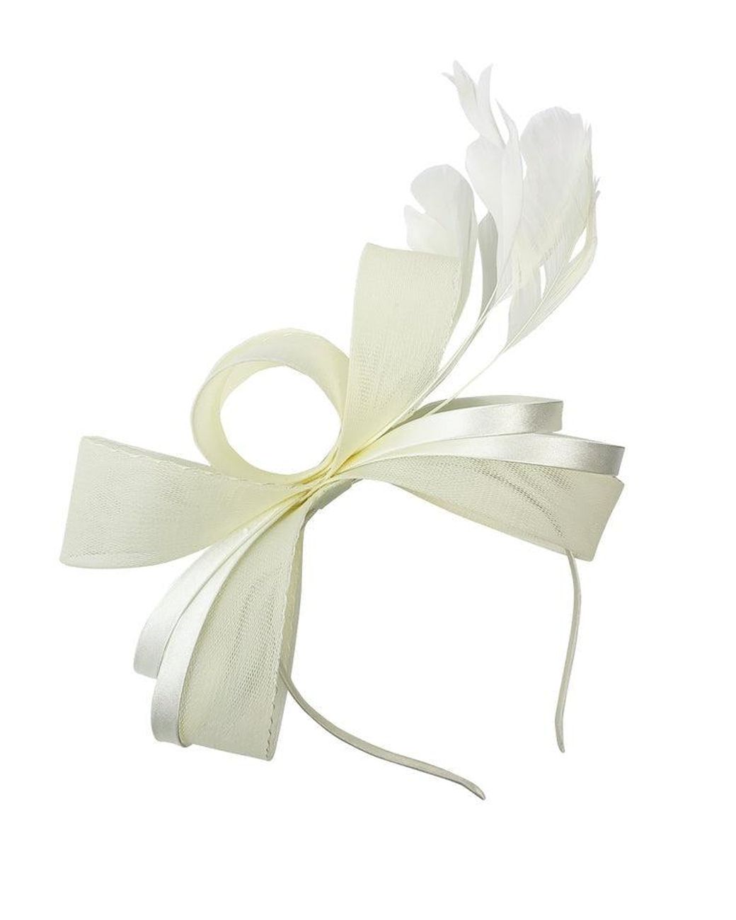 SVNX White Bow Shaped Fascinator With Satin Loops & Feathers