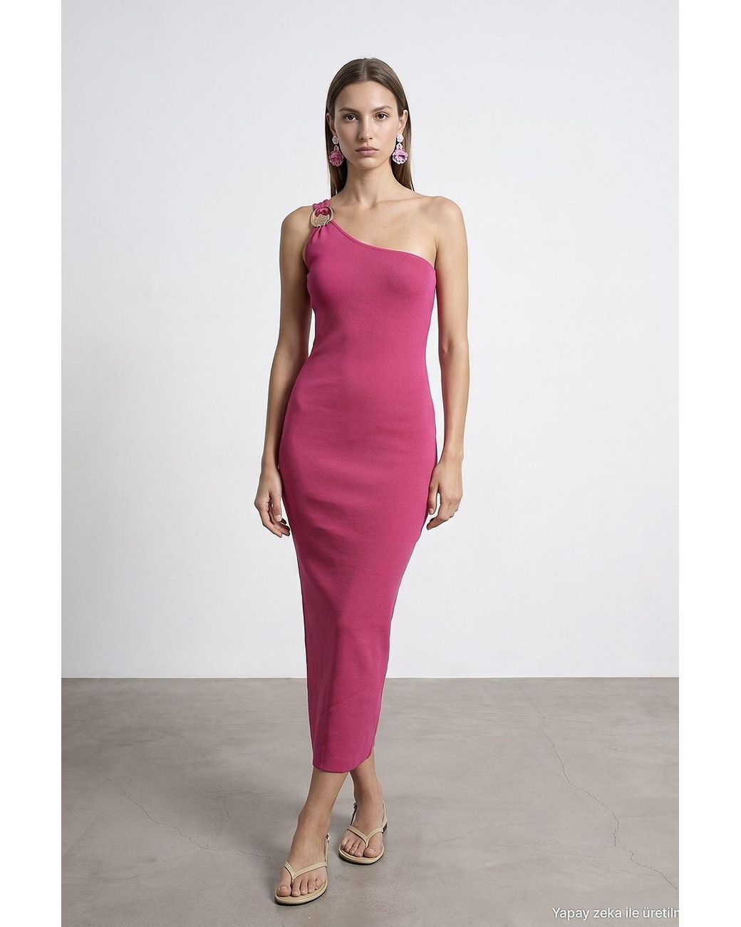 Dilvin Green Asymmetrical One-Shoulder Ribbed Midi Dress