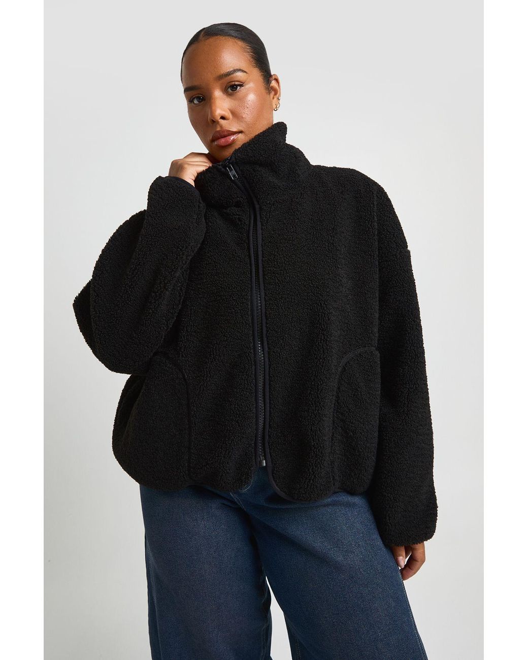 Boohoo Black Plus Funnel Neck Teddy Jacket