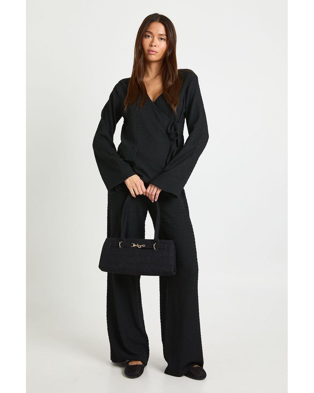 Boohoo Black Textured Wrap Front Long Sleeve Top And Trouser Co Ord