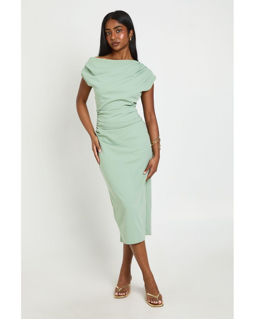 Boohoo Green Crepe Asym Neck Drape Midi Dress