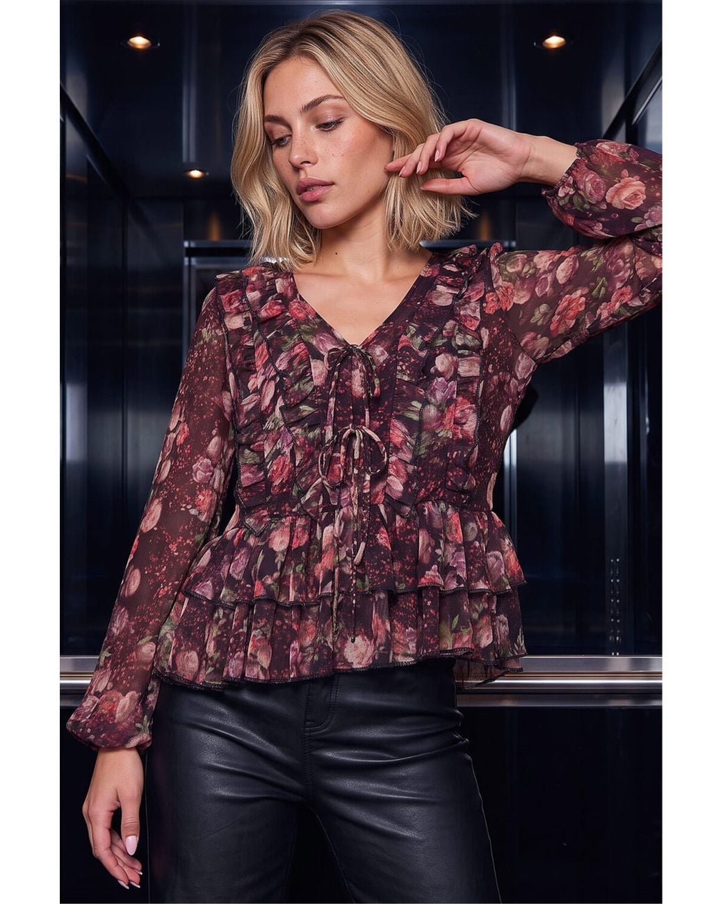 D.u.s.k Black Floral Tie Front Top