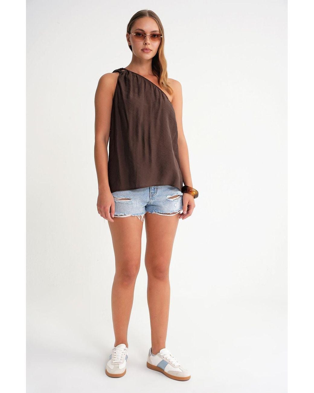 MixRay Brown Asymmetrical Collar Accessory Detailed Top