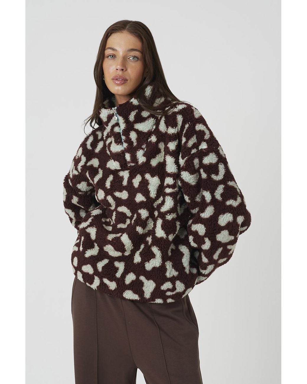Brave Soul Brown Sherpa Fleece Animal Print Sweatshirt