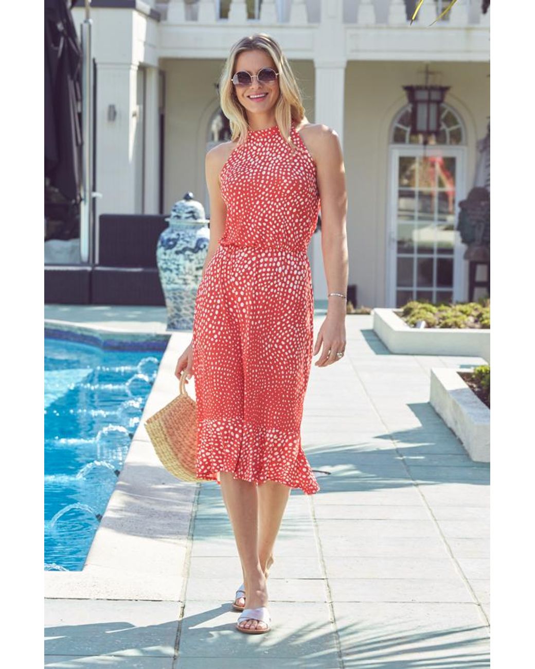 Sosandar Orange Spot Print Stretch Waist Midi Jersey Dress