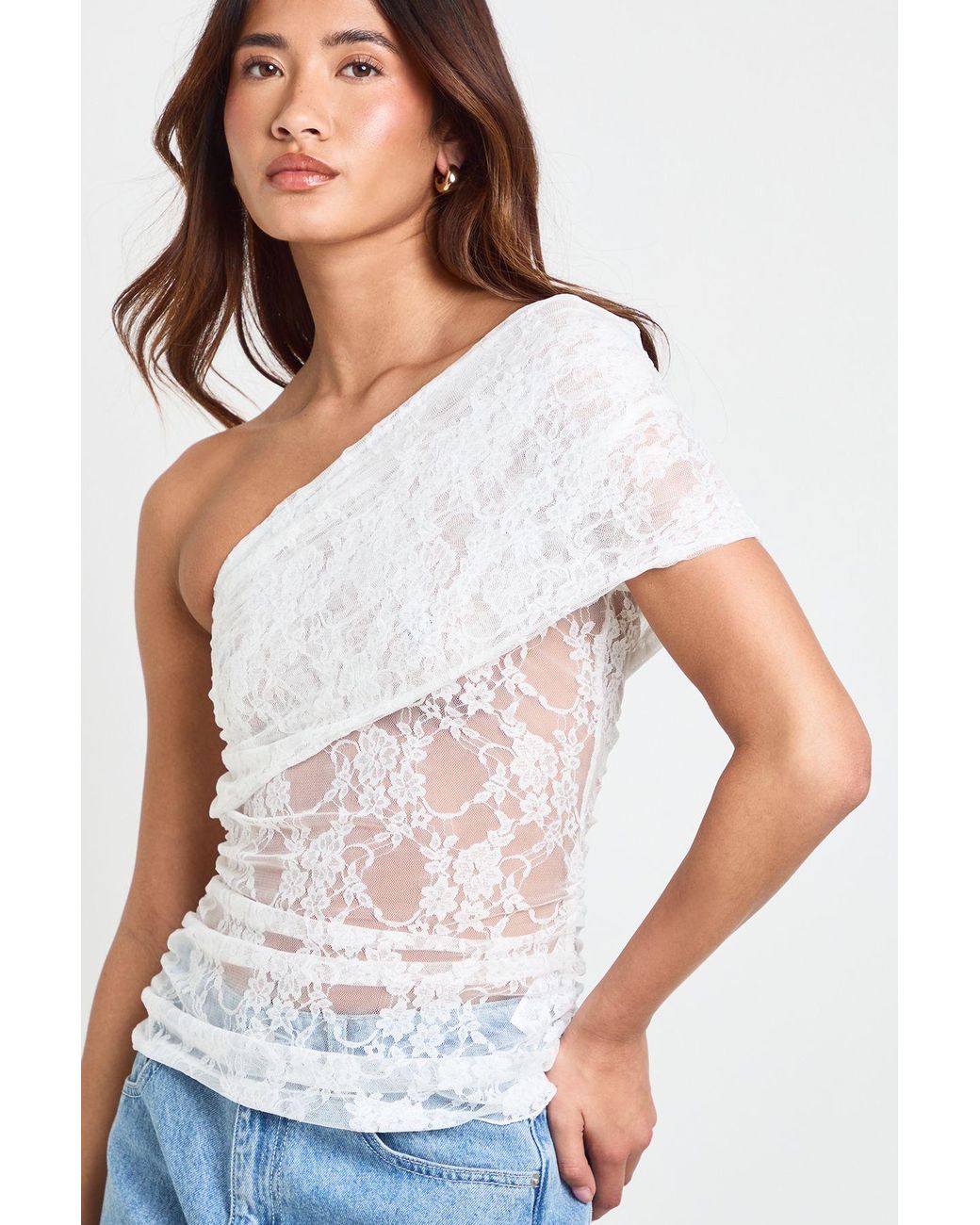 Boohoo White One Shoulder Lace Top