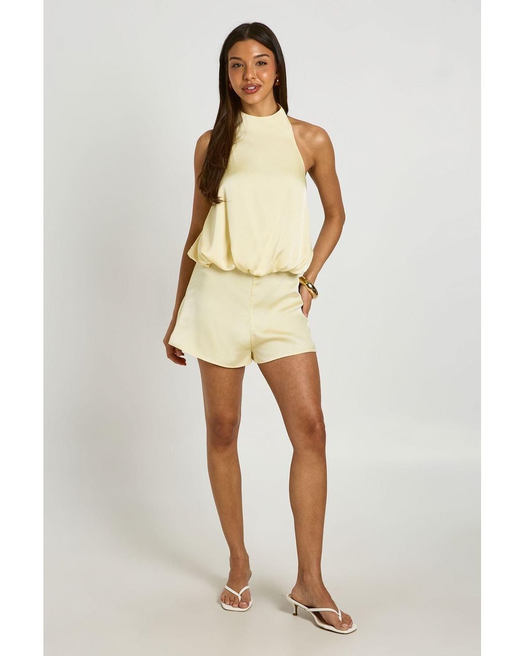 Boohoo Natural Satin Halterneck Lowback Playsuit