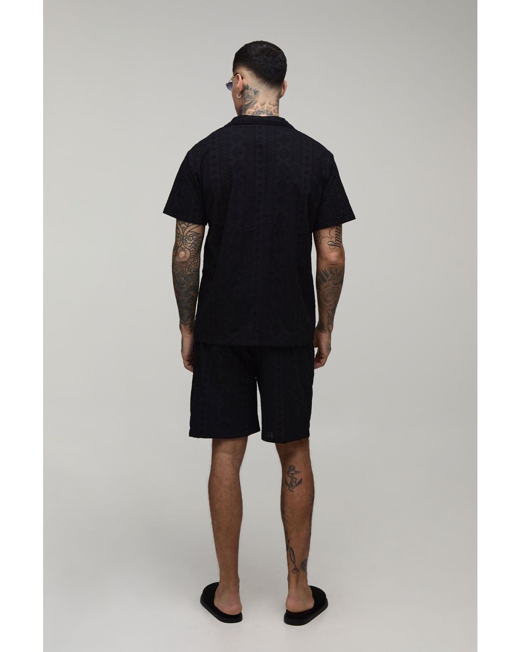 BoohooMAN Blue Tall Cotton Embroidered Regular Fit Shirt & Extended Drawcord Relaxed Short Set for men