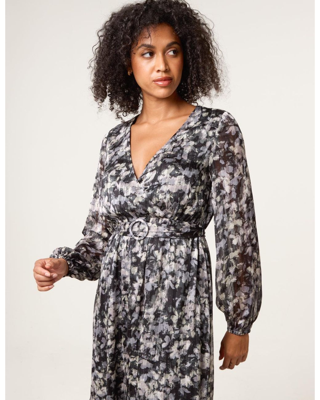 Blue Vanilla Black Printed Lurex Buckle Belted Midi Dress