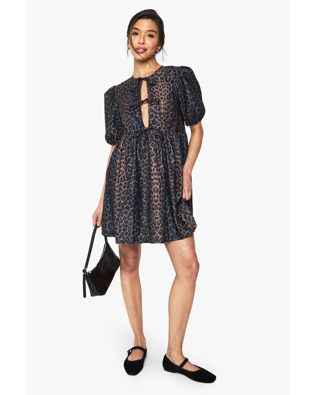 Boohoo Black Leopard Tie Front Mini Dress