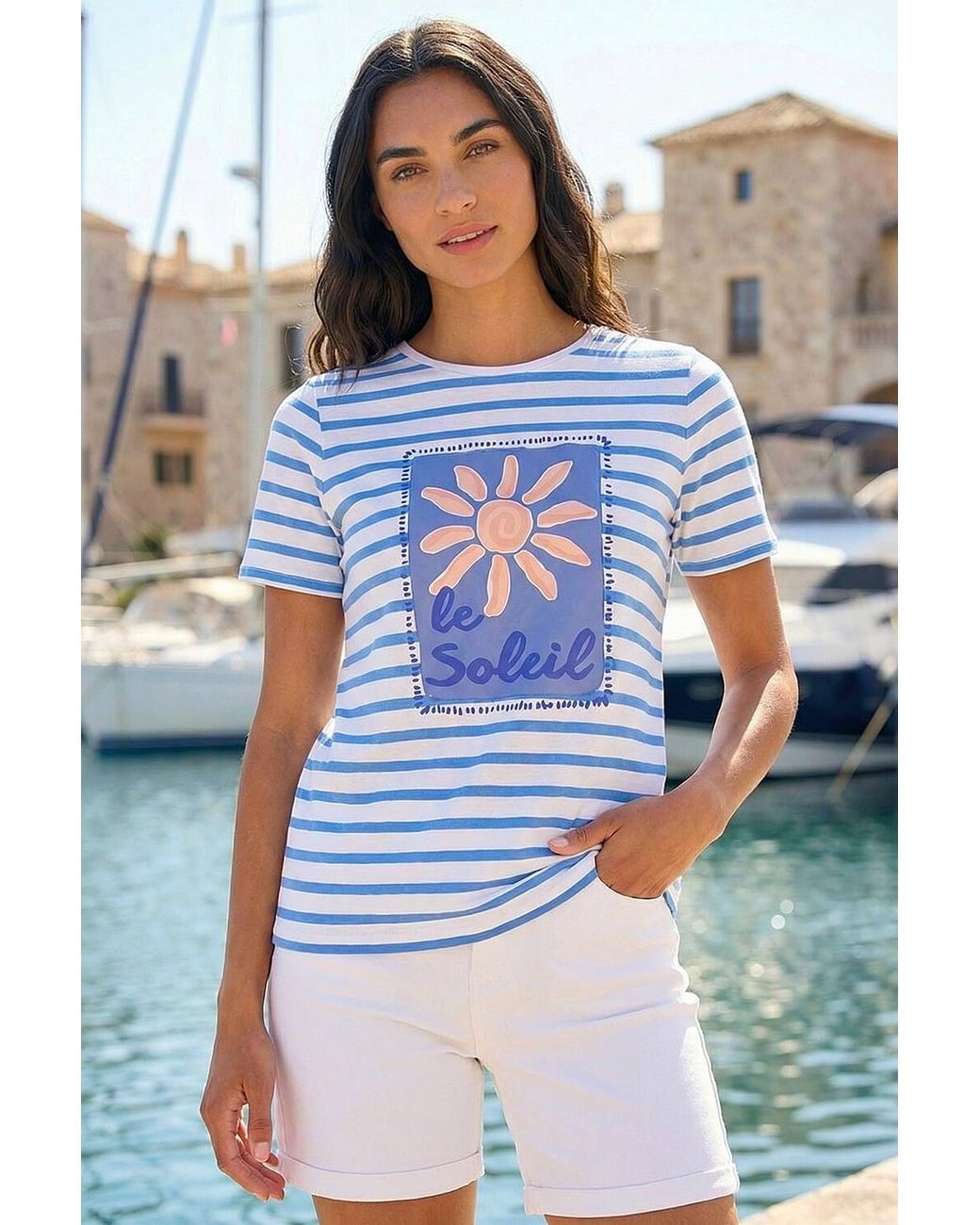 Roman Blue Motif Stripe Print Cotton Top