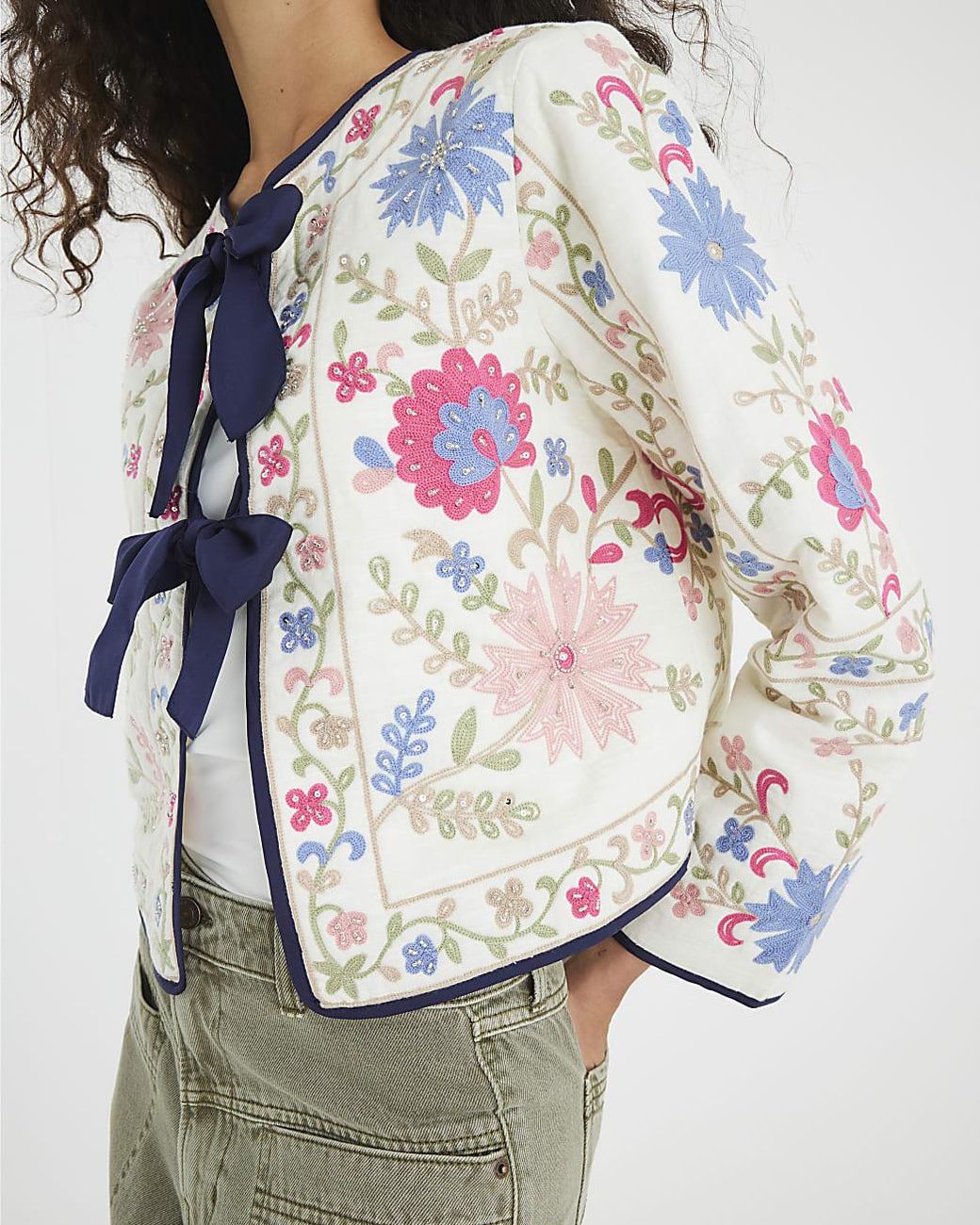 River Island Gray Jacket Floral Embroidered Tie Front Cotton