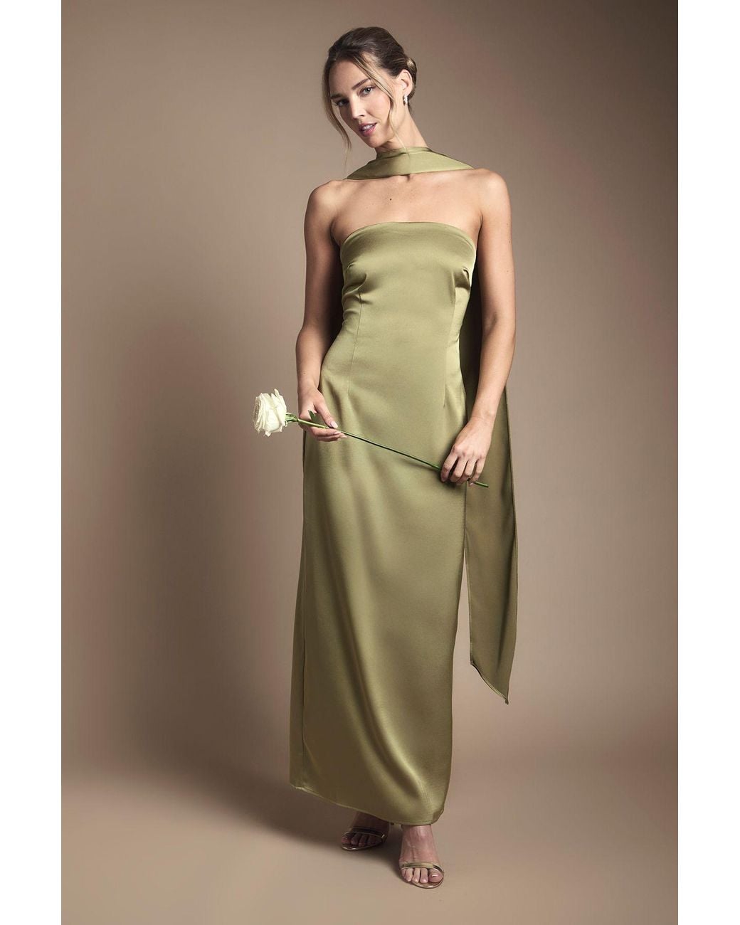 Oasis Natural Bandeau Satin Bridesmaid Maxi Dress With Scarf