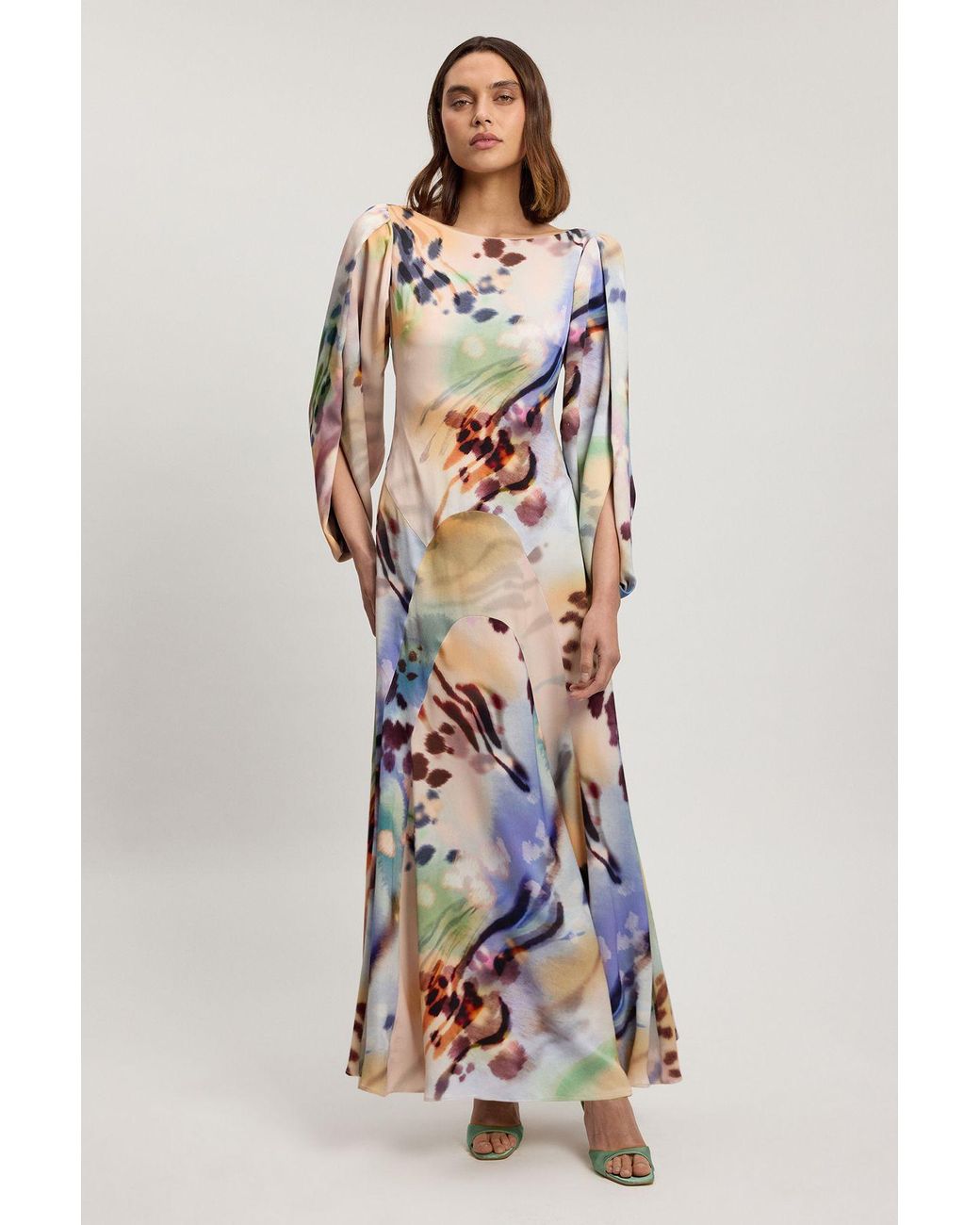 Karen Millen Black Satin Viscose Printed Soft Midi Dress