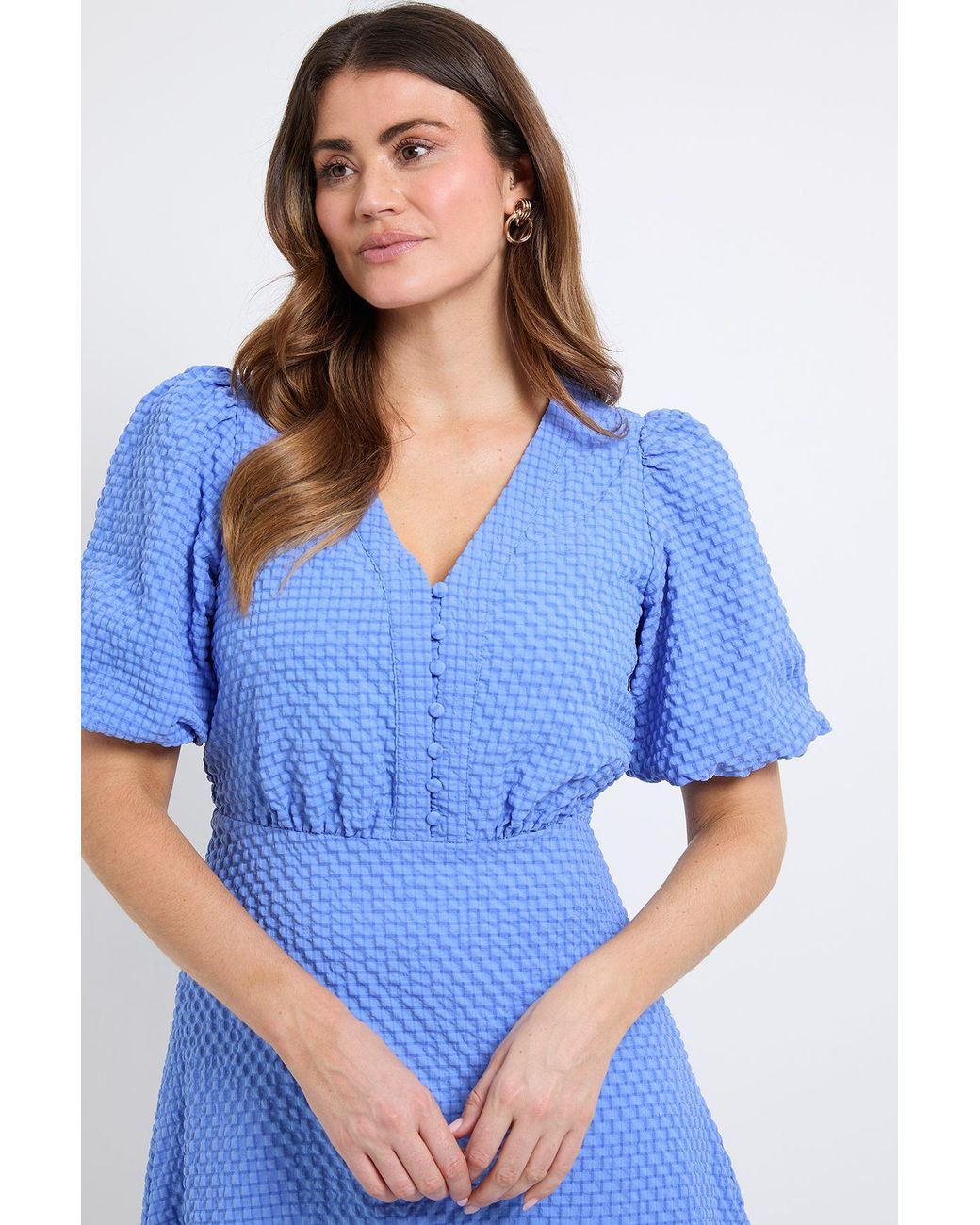 Wallis Blue Textured Puff Sleeve Midi Dress