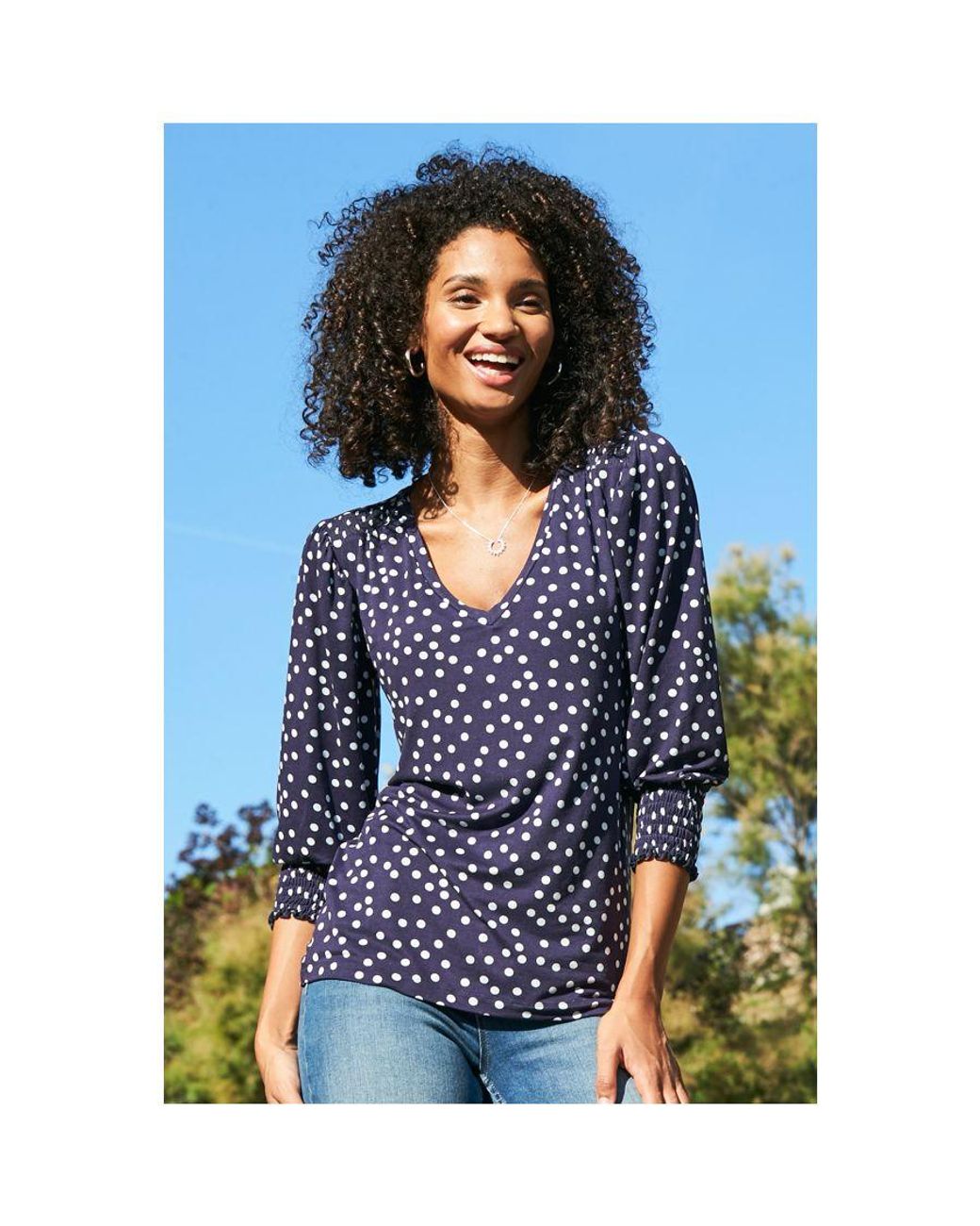 Sosandar Blue Spot Print Shirred Cuff V Neck Top Viscose