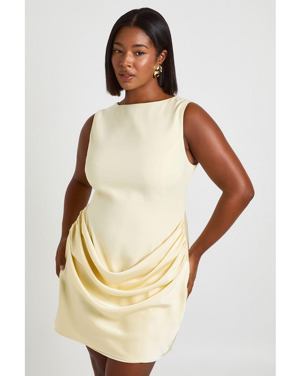 Boohoo Natural Plus Satin Drape Slash Neck Mini Dress